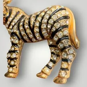 Zebra Rhinestones Jewelry | Vintage Zebra Brooch Gold Tone Black Enamel Rhinestone Animal ...